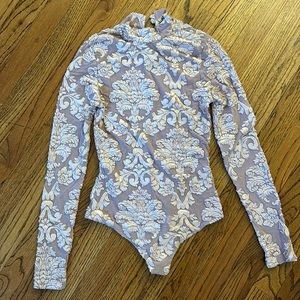 Velvet Detail Sheer-ish mock neck Bodysuit